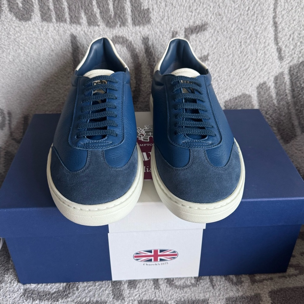 FINAL SALE Church’s  Boland 2 deerskin leather sneakers blue astral Size 9 NWB - Picture 2 of 11